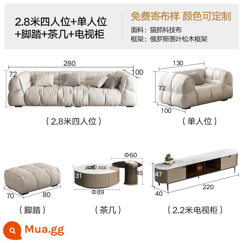 Mây sofa phòng khách công nghệ vải phồng nhẹ sang trọng hiện đại tối giản cao su căn hộ nhỏ đậu phụ khối kem phong cách - Sofa 2,8m 4+1+bậc thang+bàn cà phê+tủ tivi 2,2m