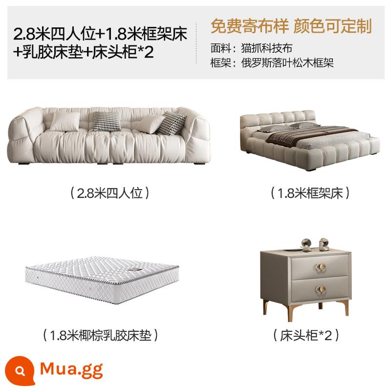 Mây sofa phòng khách công nghệ vải phồng nhẹ sang trọng hiện đại tối giản cao su căn hộ nhỏ đậu phụ khối kem phong cách - Sofa 2,8m + giường khung 1,8m + nệm cao su 1,8m + bàn cạnh giường ngủ * 2