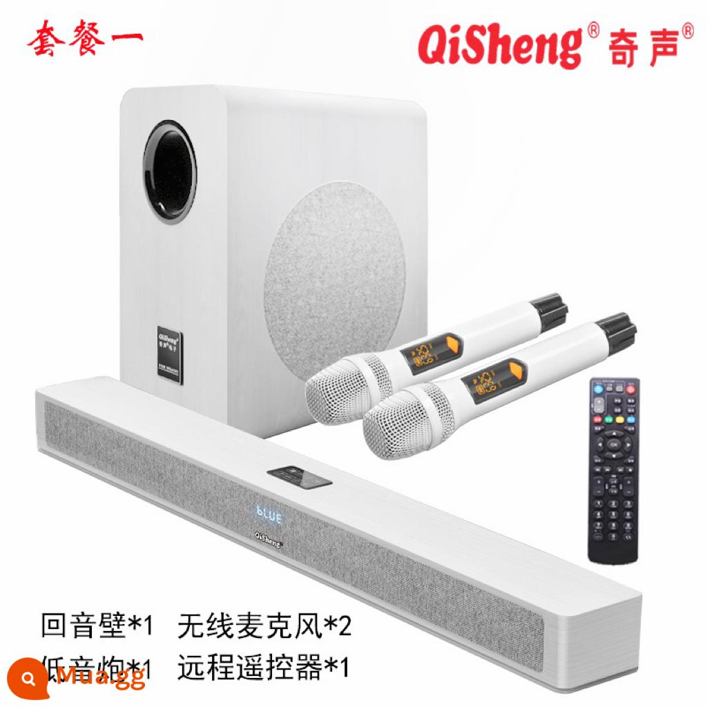 Qisheng echo tường âm thanh nhà phòng khách karaoke rạp hát tại nhà ktv TV máy chiếu loa siêu trầm bao quanh bộ - Soundbar màu trắng + loa siêu trầm 8 inch + cặp micro