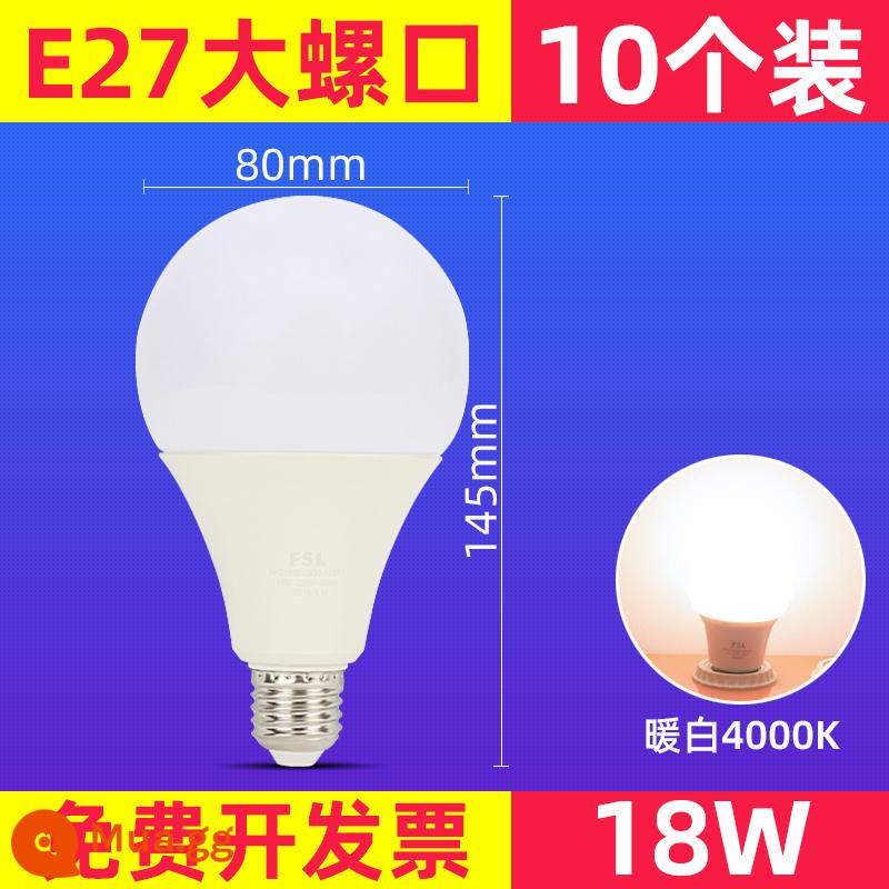 FSL Foshan Lighting Bóng đèn LED 3W bóng đèn tiết kiệm năng lượng vít E27 bóng đèn 5W siêu sáng hộ gia đình chiếu sáng công suất cao - Gói 4000K-10 Trắng ấm trục vít lớn 18 Watt-E27