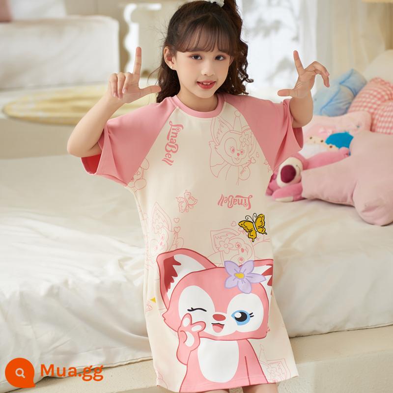 Váy ngủ cotton nguyên chất phong cách mùa hè quế chó công chúa bé gái lớn bé trai bé gái đồ ngủ ngắn tay mùa hè phục vụ tại nhà - QD-22619 Lina Belle tay hồng (váy ngủ cotton ngắn tay)