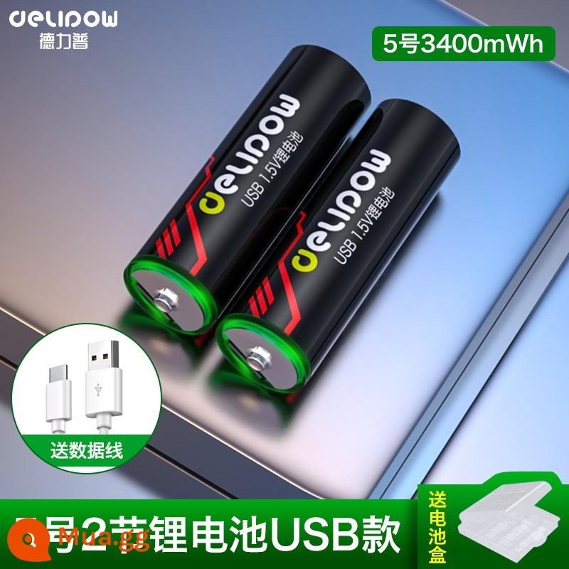 Delipu số 5 pin sạc lithium aa dung lượng lớn USB sạc nhanh 1.5v máy đo huyết áp khóa cửa tay cầm chuột chuyên dụng - Số 5 3400mWh*2 cell [Loại cáp USB] Pin lithium 1,5V