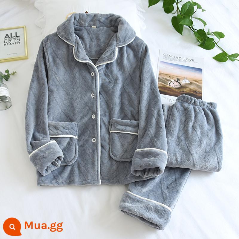 Cặp vợ chồng san hô nhung pyjamas phụ nữ mùa thu và mùa đông cộng với độ dày rộng lớn kích thước lớn, dịch vụ gia đình mặt bích ấm áp bộ đồ nam - Bộ đồ flannel răng trắng nổi màu xanh da trời nam LH