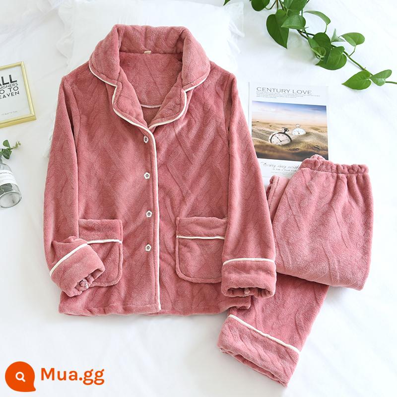 Cặp vợ chồng san hô nhung pyjamas phụ nữ mùa thu và mùa đông cộng với độ dày rộng lớn kích thước lớn, dịch vụ gia đình mặt bích ấm áp bộ đồ nam - Bộ đồ flannel màu đỏ dưa hấu dập nổi răng trắng nữ LH