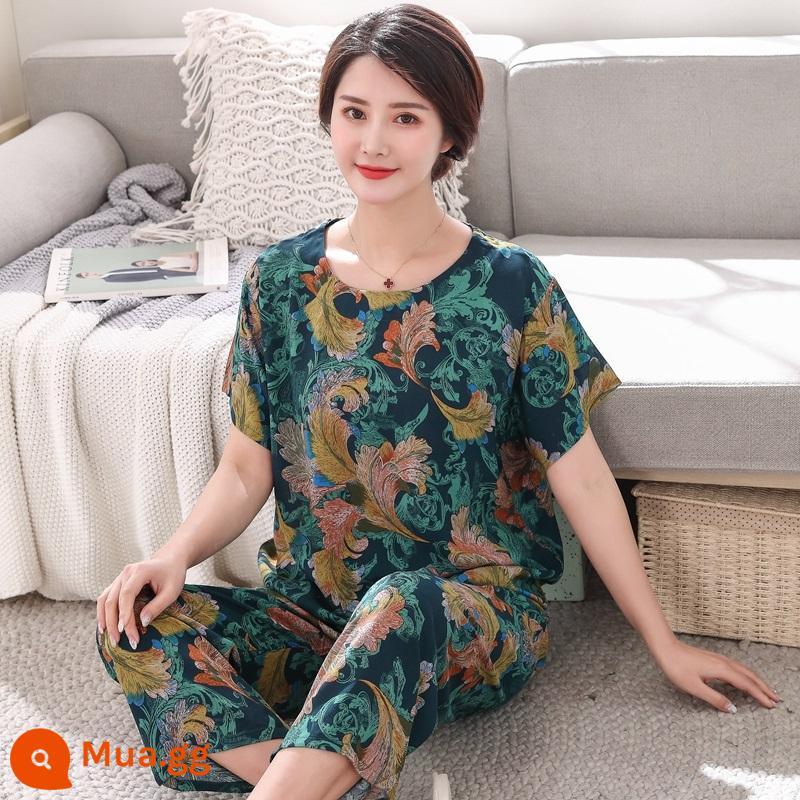 Bộ đồ ngủ bằng cotton cho người trung niên và người cao tuổi Bộ quần áo ngắn tay bằng cotton lụa mùa hè của phụ nữ cotton lụa cho mẹ quần áo mặc ở nhà cỡ lớn - Bộ đồ đuôi phượng xanh cổ điển