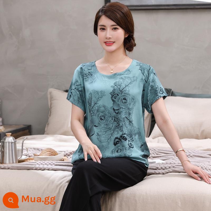 Bộ đồ ngủ bằng cotton cho người trung niên và người cao tuổi Bộ quần áo ngắn tay bằng cotton lụa mùa hè của phụ nữ cotton lụa cho mẹ quần áo mặc ở nhà cỡ lớn - Quần đen hoa mẫu đơn màu xanh sương mù