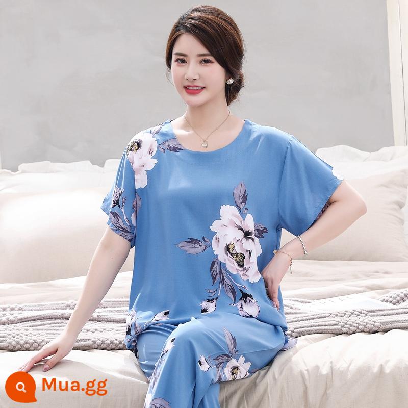 Bộ đồ ngủ bằng cotton cho người trung niên và người cao tuổi Bộ quần áo ngắn tay bằng cotton lụa mùa hè của phụ nữ cotton lụa cho mẹ quần áo mặc ở nhà cỡ lớn - Bộ hoa hồng sa mạc xanh da trời