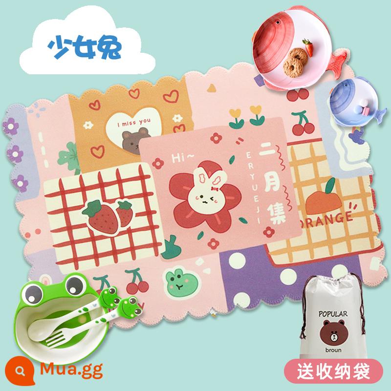 Placemat học sinh tiểu học khăn trải bàn đặc biệt dành cho trẻ em thảm cách nhiệt có thể gập lại thảm trải bàn ăn trưa khăn trải bàn ăn trưa lớp 1 - Vải nỉ dày-Girl Rabbit (không thấm nước + túi đựng)