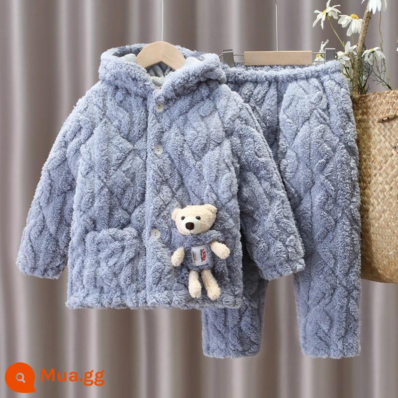 Gấu dễ thương mùa đông làm dày đồ ngủ trẻ em ấm flannel san hô bé trai và bé gái chần bông nhà bộ quần áo - TH98 gấu nhung xoắn màu xám