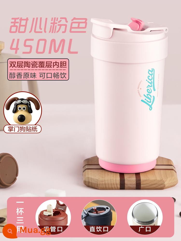 Supor cách nhiệt Cà phê Cup Girls High Beauty Straw Water Cup đi kèm với bộ đếm gốm sứ lớn lớn - Phấn Sweetheart 450ml [sơn gốm] đi kèm nhãn dán + cọ cốc + cọ ống