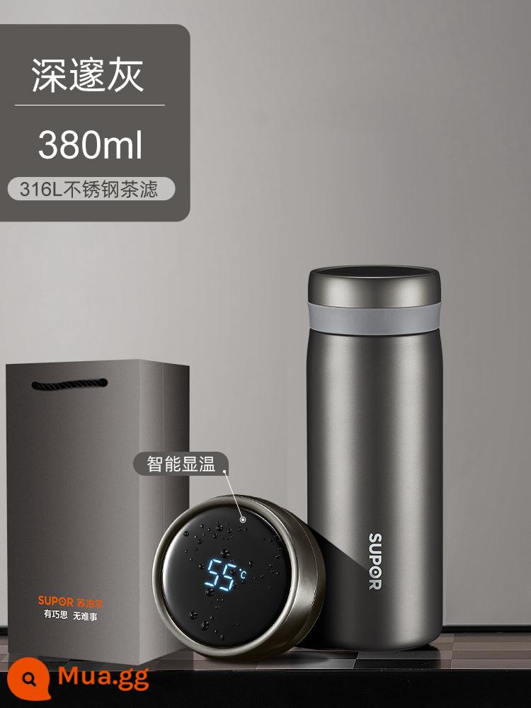 Supor Smart Innooritic Water Cup 316L Thép không gỉ Thép lớn Tea Tea Cup nam và nữ cao cấp của phụ nữ - Xám đậm 380ml [có lưới lọc trà và túi quà]