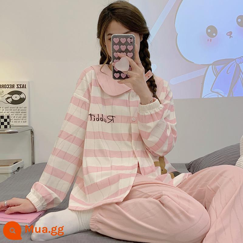 Bộ đồ ngủ cotton thường ngày cho nữ xuân thu đông 2022 bộ quần áo mặc ở nhà dài tay đơn giản mới bộ đồ hai mảnh - 607 Thỏ sọc