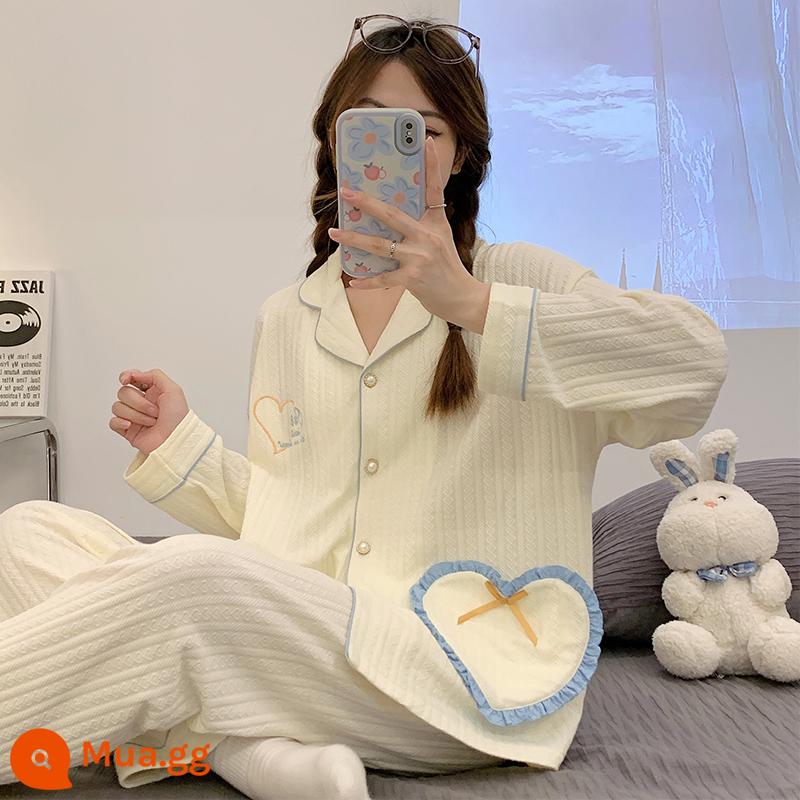 Bộ đồ ngủ nữ cotton nhỏ tươi mới 2022 xuân thu đông dài tay jacquard phong cách công chúa bộ đồ phục vụ tại nhà - 3503 Trái tim ren