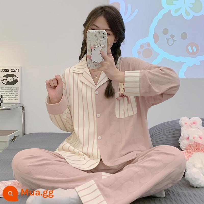 Mùa xuân và mùa thu 2023 bộ đồ ngủ mới cho nữ mùa đông dài tay cotton nguyên chất ngọt ngào và đáng yêu áo khoác ngoài mùa xuân và mùa hè phù hợp với dịch vụ gia đình - 3123 sọc dọc