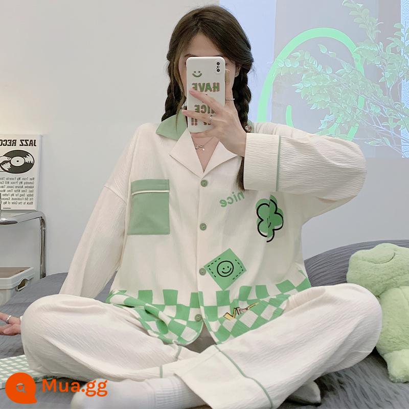 2023 Bộ đồ ngủ bằng cotton nguyên chất mới của phụ nữ mùa xuân, mùa thu và mùa đông cao cấp dài tay áo khoác ngoài đơn giản giản dị ở nhà phù hợp với - 3580 kẻ sọc xanh