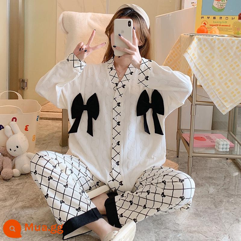 Bộ đồ ngủ nữ xuân thu đông dài tay cotton nguyên chất 2022 bộ đồ phục vụ gia đình học sinh ngọt ngào dễ thương mới có thể mặc ra ngoài - Nơ N3105HE màu xám