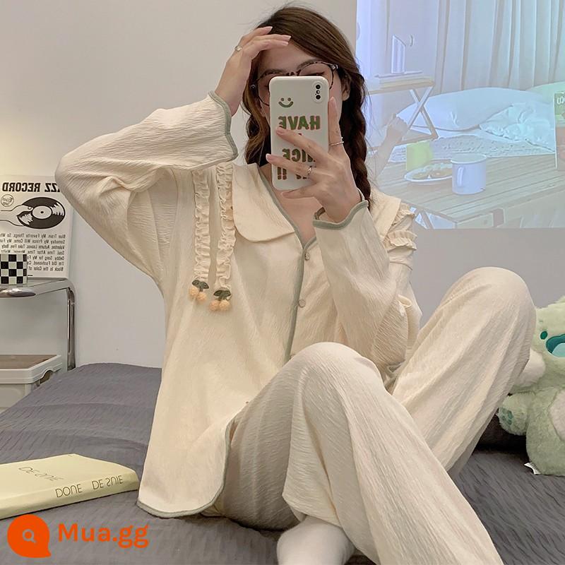 Bộ đồ ngủ nữ cotton nhỏ tươi mới 2022 xuân thu đông dài tay jacquard phong cách công chúa bộ đồ phục vụ tại nhà - 32221 Ren Mai Anh Đào