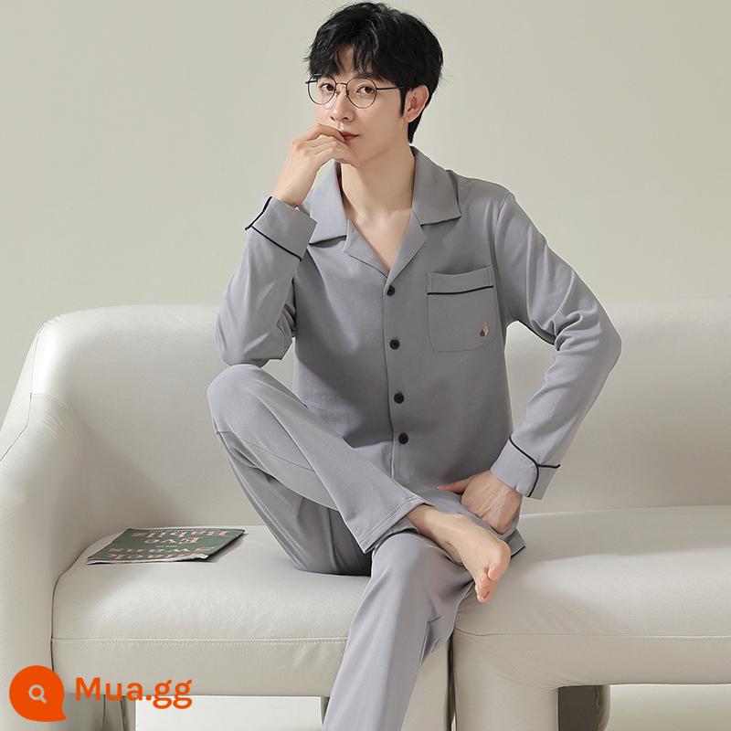 Bộ đồ ngủ nam cao cấp, bộ vest dài tay cotton nguyên chất mùa xuân thu, bộ quần áo mặc ở nhà mùa đông size lớn cho nam có thể mặc ra ngoài - 34542 Mẫu nam