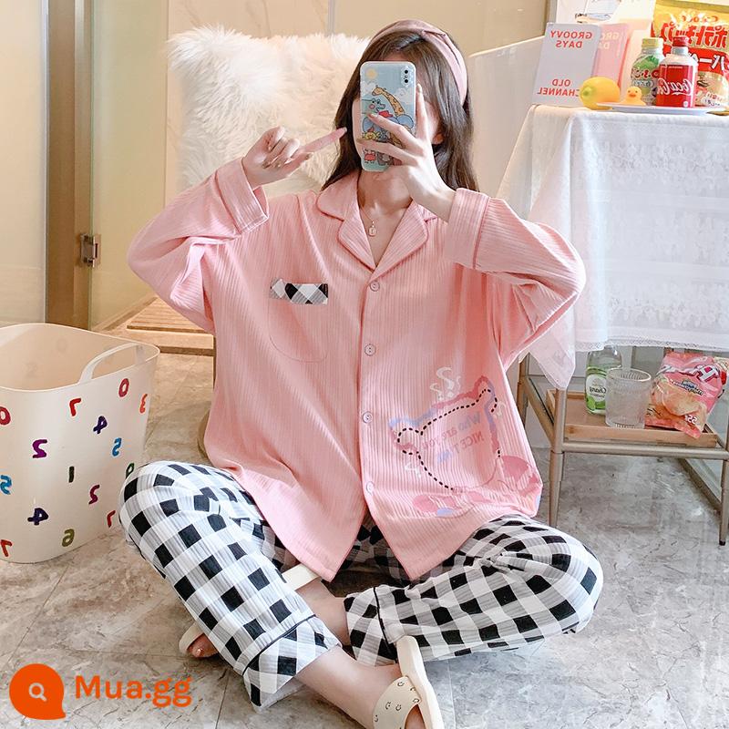 Bộ đồ ngủ nữ cotton nhỏ tươi mới 2022 xuân thu đông dài tay jacquard phong cách công chúa bộ đồ phục vụ tại nhà - Hồng 42165 Dấu Hỏi Gấu Kẻ Sọc