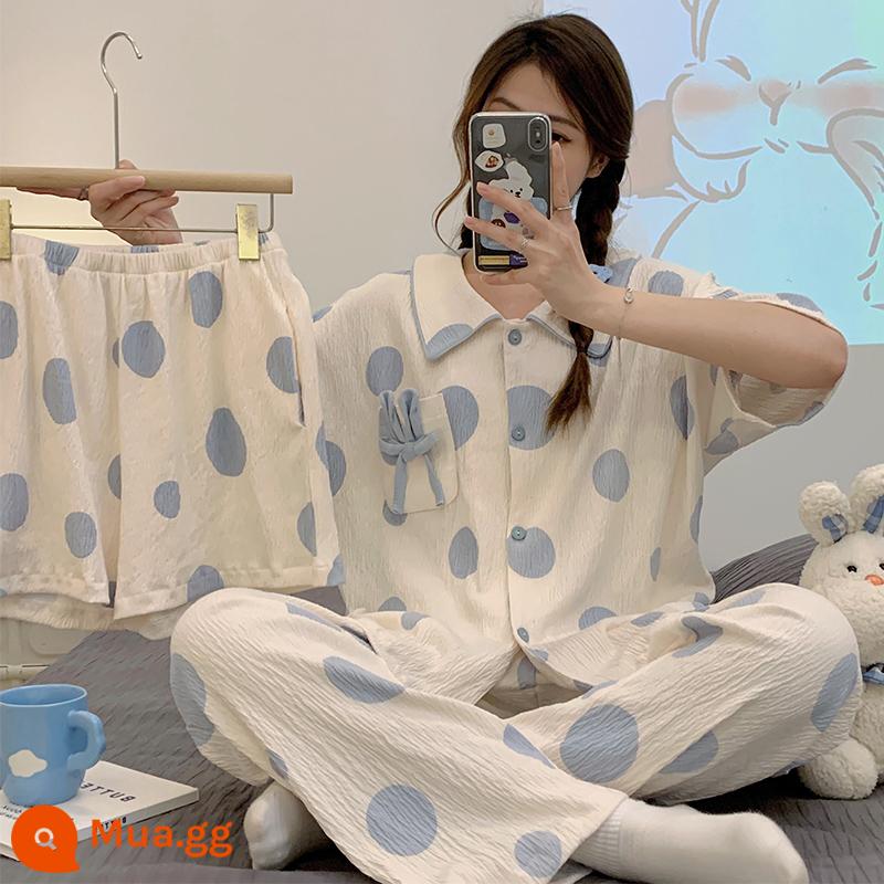 Bộ đồ ngủ ba mảnh có đệm ngực mùa hè nữ cotton nguyên chất mới đơn giản cao cấp cảm giác cỡ lớn ngắn tay phần mỏng dịch vụ tại nhà - Bộ ba món vòng tròn xanh 6304