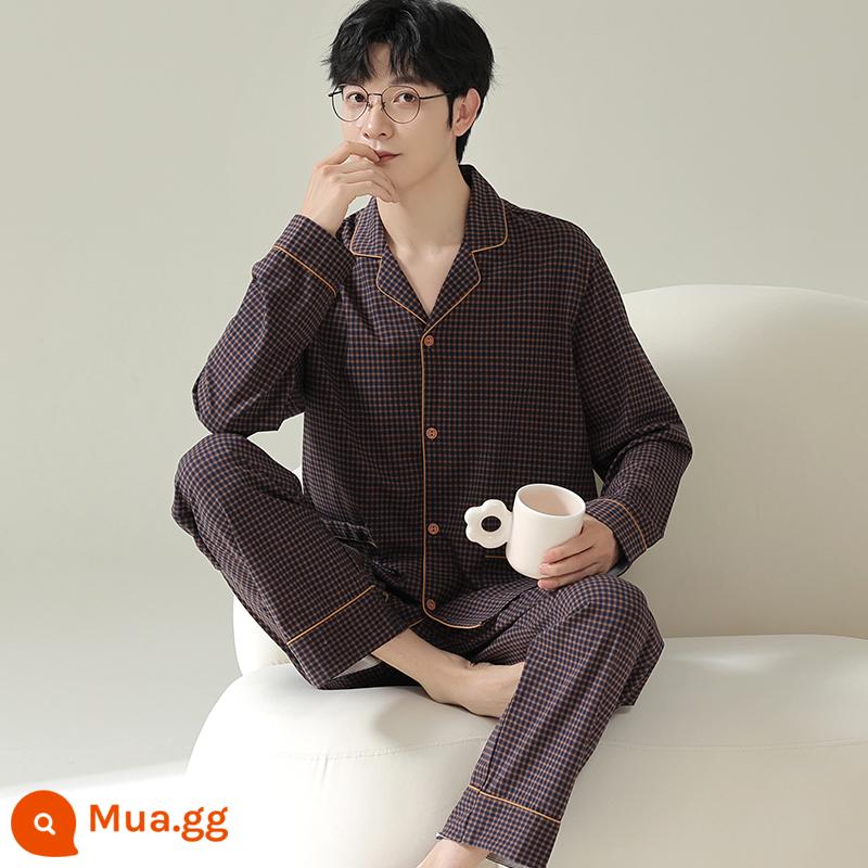 Bộ đồ ngủ nam cao cấp, bộ vest dài tay cotton nguyên chất mùa xuân thu, bộ quần áo mặc ở nhà mùa đông size lớn cho nam có thể mặc ra ngoài - 34622 Mẫu nam