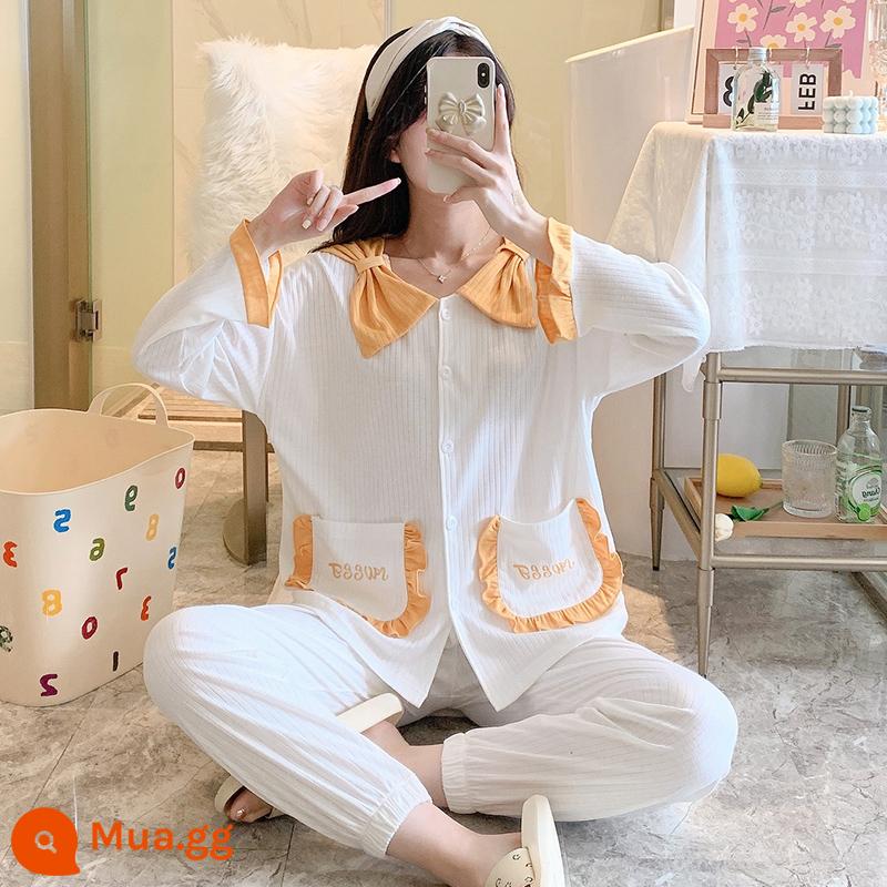 Bộ đồ ngủ nữ xuân thu cotton nguyên chất tay dài hoạt hình dễ thương đi chơi 2023 bộ đồ mặc nhà rộng mùa đông mới - Trắng 12129 Hangtiao Tiếng Anh