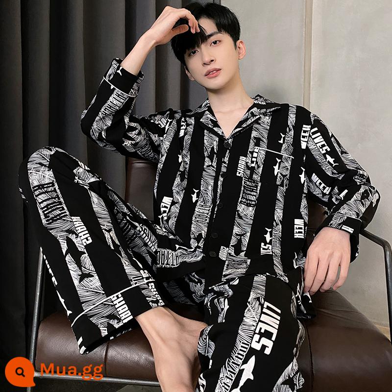 Bộ đồ ngủ nam cao cấp, bộ vest dài tay cotton nguyên chất mùa xuân thu, bộ quần áo mặc ở nhà mùa đông size lớn cho nam có thể mặc ra ngoài - 71026 Bảng chữ cái cá mập