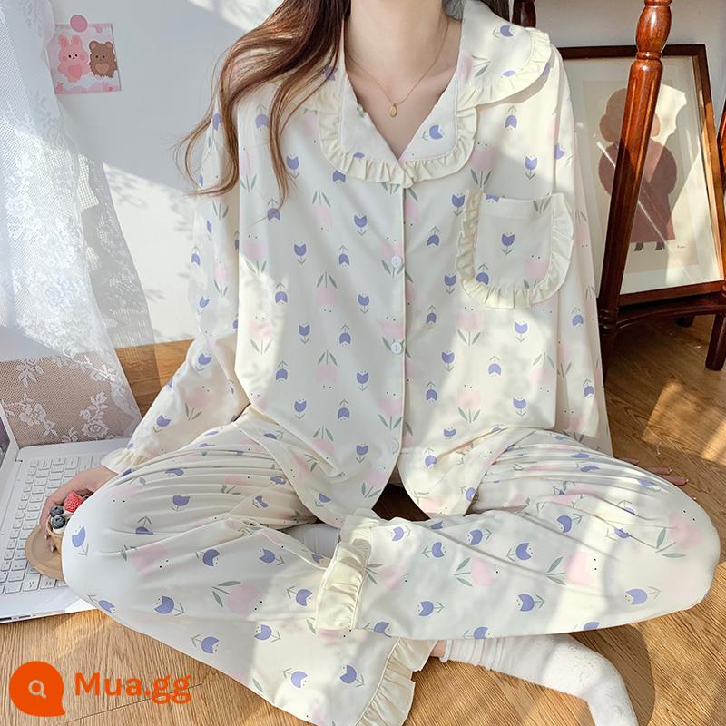 Bộ đồ ngủ nữ xuân thu cotton nguyên chất tay dài hoạt hình dễ thương đi chơi 2023 bộ đồ mặc nhà rộng mùa đông mới - 11206 Hoa Tulip