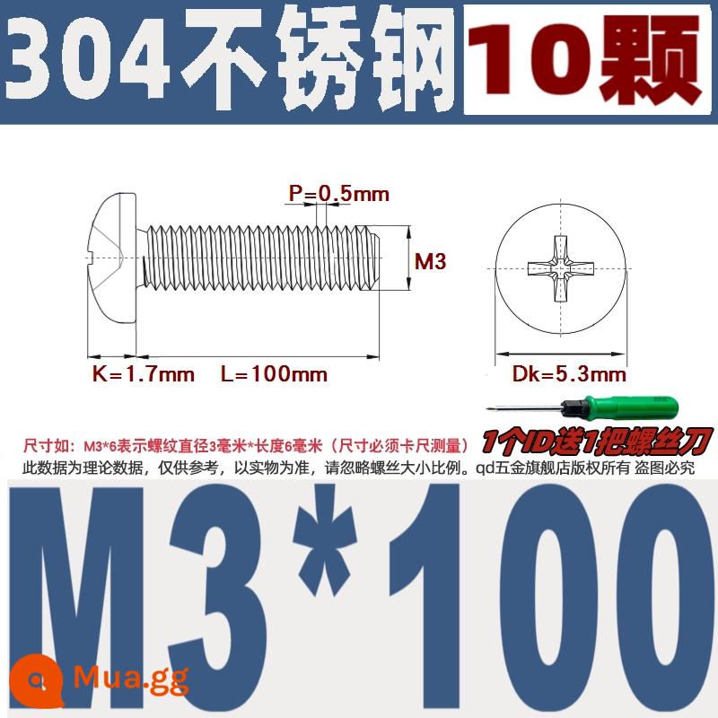 M1M2M3M4M5M6M8M10 304 thép không gỉ đầu tròn vít chéo chảo đầu bu lông đai ốc phẳng máy giặt - M3*100/10 đầu nhỏ