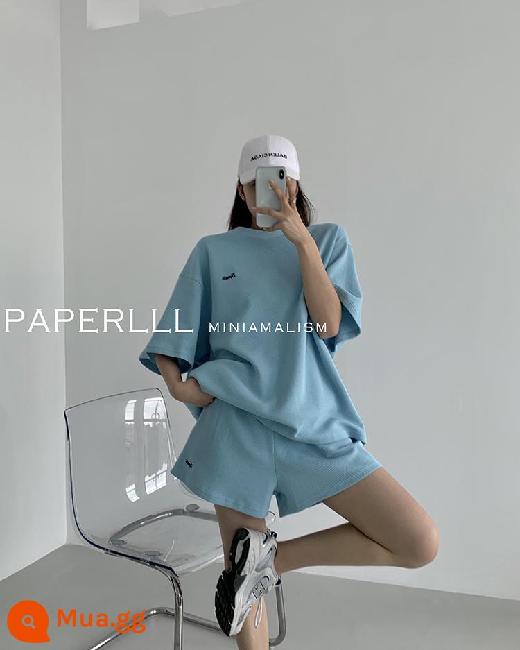 PAPERLLL Tân Kiến Bánh phù hợp với nữ mùa xuân và mùa thu 2023 mới cotton dày T giản dị thể thao quần short 2 bộ - màu xanh da trời [bộ đồ ngắn tay]