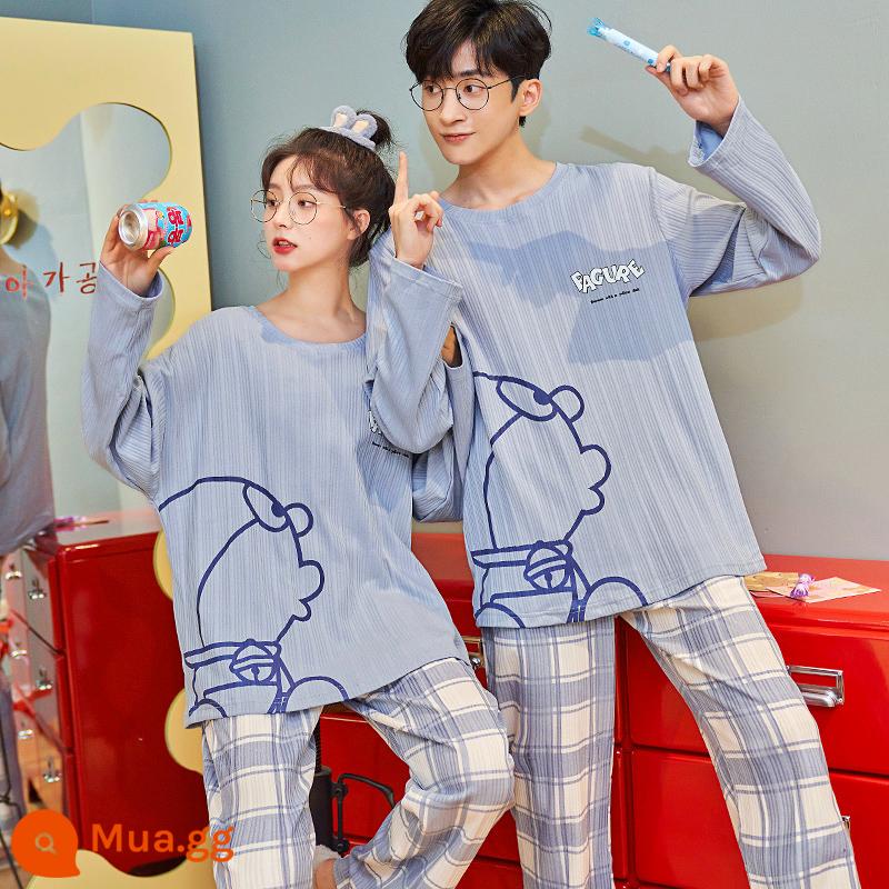 Bộ đồ ngủ cặp đôi Nanjiren Mùa xuân và mùa thu cotton nguyên chất dài tay cho nam và nữ Bộ đồ mùa thu và mùa đông Sunny Homewear - QL: 508 nữ 608 nam màu xanh tiếng anh mèo leng keng áo thun dài tay và quần dài