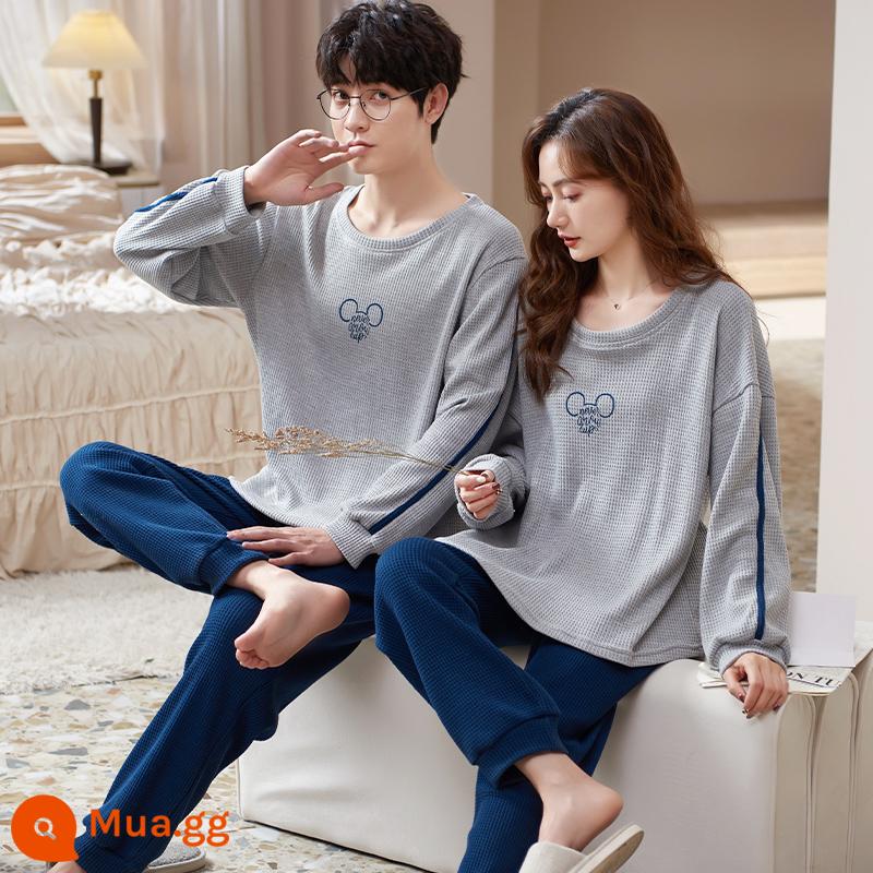 Bộ đồ ngủ cặp đôi Nanjiren Mùa xuân và mùa thu cotton nguyên chất dài tay cho nam và nữ Bộ đồ mùa thu và mùa đông Sunny Homewear - ZX:3302 Cặp đôi màu xám Phim hoạt hình Quần màu xanh Cặp đôi áo thun dài tay