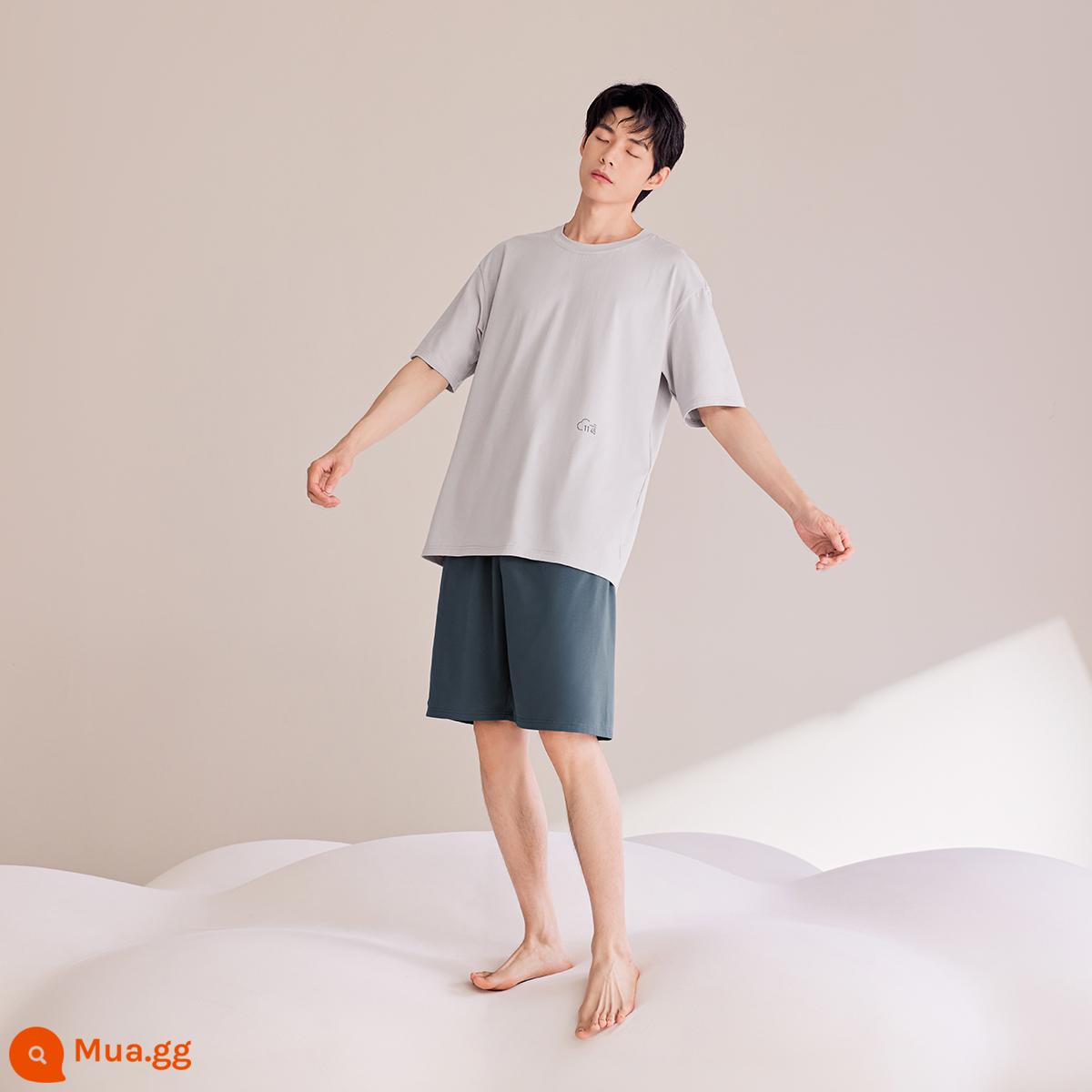 Jingyun [loại tạo cảm giác mát mẻ] Bộ đồ ngủ bằng cotton nguyên chất cho nam mùa hè 2022 bộ đồ ngủ ngắn tay mỏng ở nhà có thể mặc bên ngoài bộ đồ - Quần Short - Cloud Shadow Grey