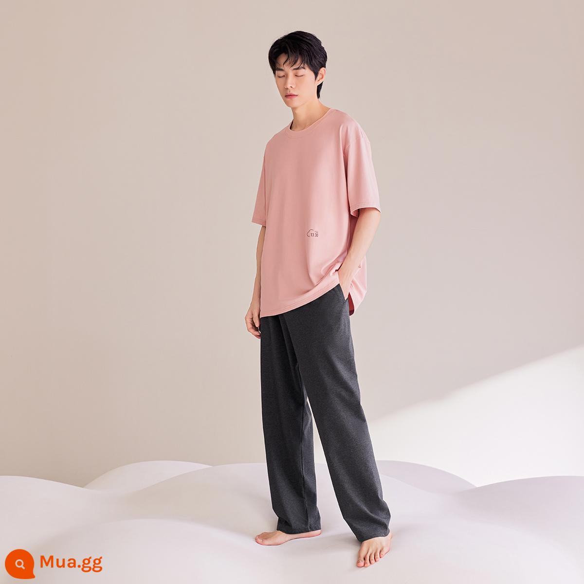 Jingyun [loại tạo cảm giác mát mẻ] Bộ đồ ngủ bằng cotton nguyên chất cho nam mùa hè 2022 bộ đồ ngủ ngắn tay mỏng ở nhà có thể mặc bên ngoài bộ đồ - Quần-Jingyi Hồng