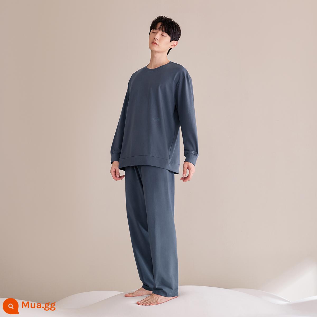 Jingyun [Siêu mềm] Cloud Type A Bộ đồ ngủ kháng khuẩn và chống ve dành cho nữ Mùa xuân và mùa thu Cotton nguyên chất Cặp đôi Bộ đồ phục vụ tại nhà dành cho nam - Suit cổ tròn nam màu xám xanh mèo