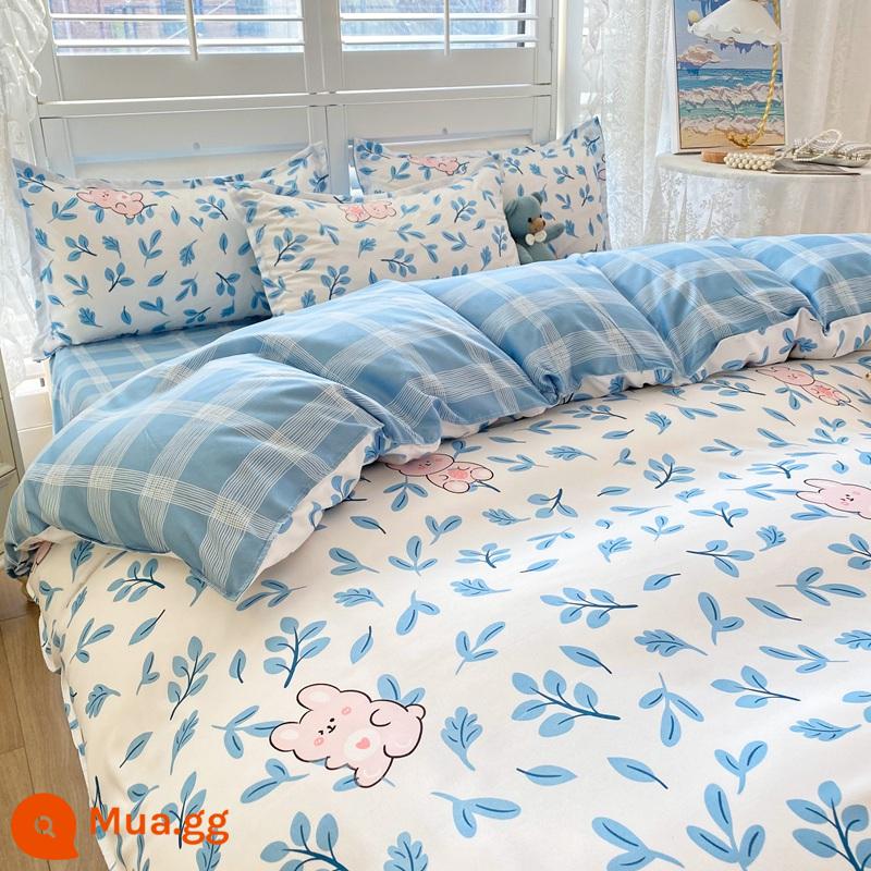 Bộ đồ giường 4 món mùa hè không cotton nguyên chất ga trải giường chải vỏ chăn ký túc xá sinh viên đơn 3 mảnh nữ - Thỏ dễ thương [thoải mái với da, thích hợp để ngủ khỏa thân, không vón cục]