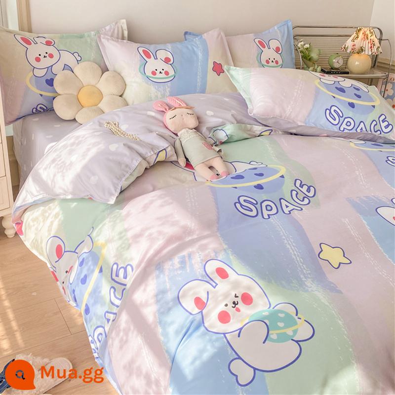 Bộ đồ giường 4 món mùa hè không cotton nguyên chất ga trải giường chải vỏ chăn ký túc xá sinh viên đơn 3 mảnh nữ - Thỏ nhiều màu sắc [thân thiện với làn da và thoải mái, thích hợp để ngủ khỏa thân, không vón cục]