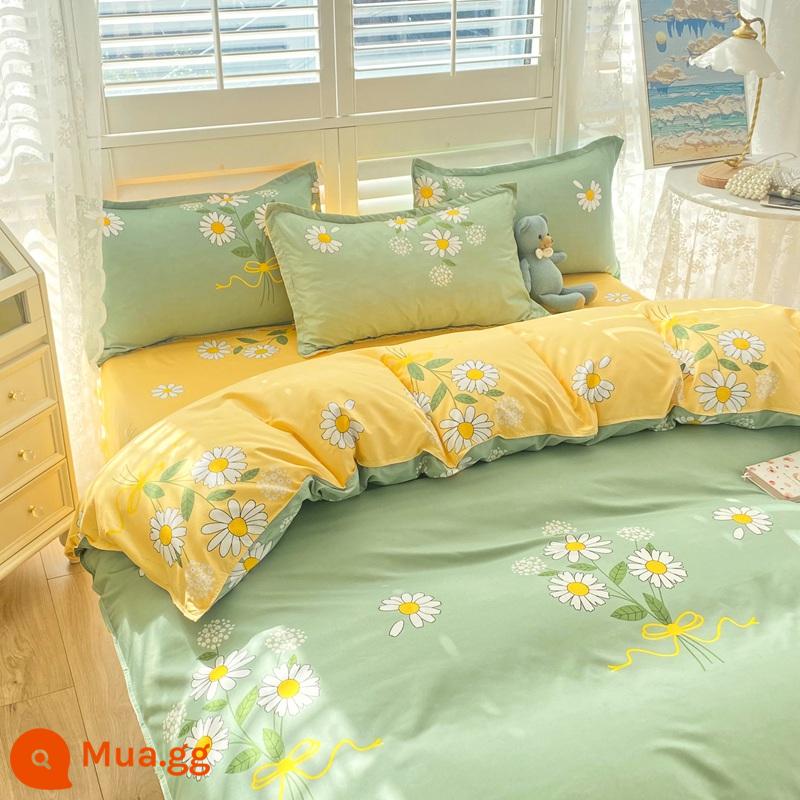 Bộ đồ giường 4 món mùa hè không cotton nguyên chất ga trải giường chải vỏ chăn ký túc xá sinh viên đơn 3 mảnh nữ - Little Daisy [thoải mái với da, thích hợp khi ngủ khỏa thân, không vón cục]