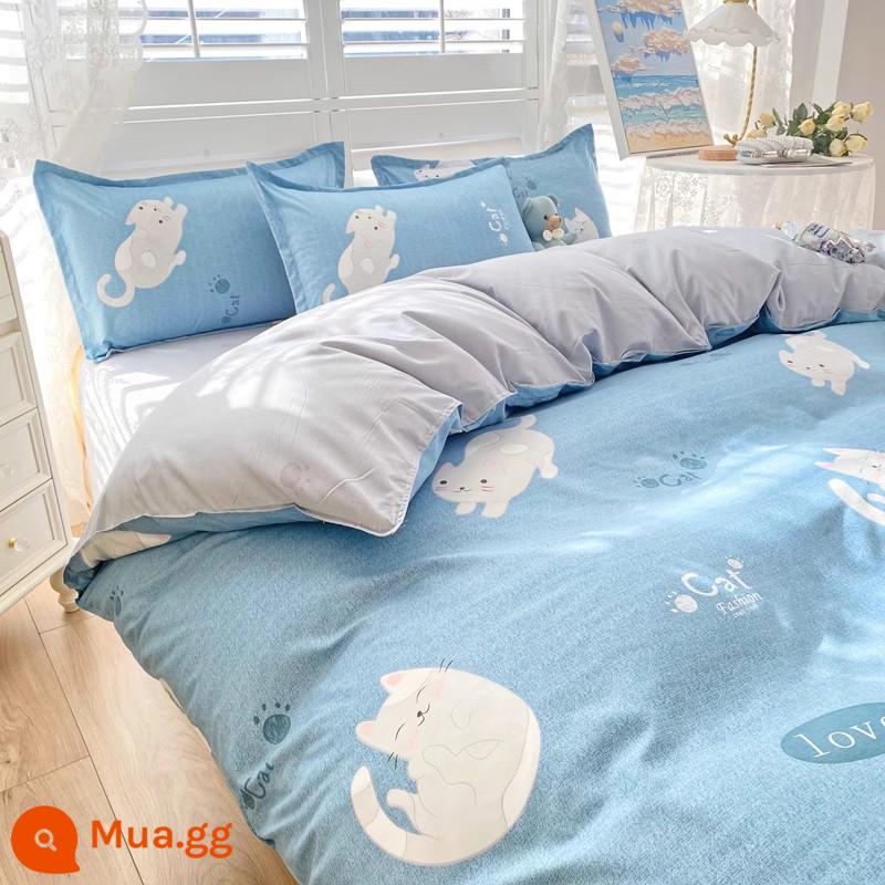 Bộ đồ giường 4 món mùa hè không cotton nguyên chất ga trải giường chải vỏ chăn ký túc xá sinh viên đơn 3 mảnh nữ - Little Lazy Cat 1 [thoải mái với da, thích hợp khi ngủ khỏa thân, không vón cục]