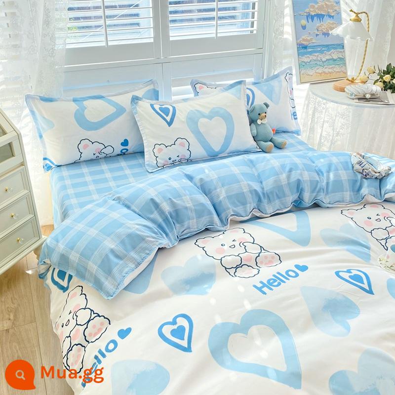 Bộ đồ giường 4 món mùa hè không cotton nguyên chất ga trải giường chải vỏ chăn ký túc xá sinh viên đơn 3 mảnh nữ - Blue Heart Bear [thoải mái với da, thích hợp khi ngủ khỏa thân, không vón cục]