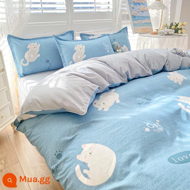 Bộ đồ giường 4 món mùa hè không cotton nguyên chất ga trải giường chải vỏ chăn ký túc xá sinh viên đơn 3 mảnh nữ - Chú mèo lười nhỏ [thoải mái với da, thích hợp để ngủ khỏa thân, không vón cục]