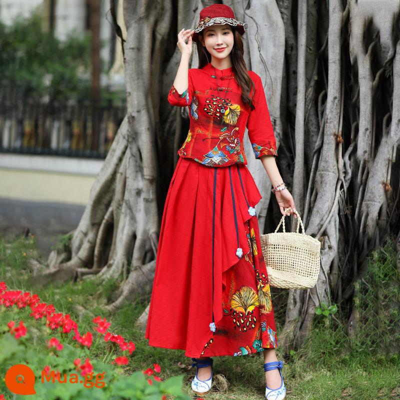 Tang quần áo quần áo nữ Trung Quốc retro -kiểu Trung Quốc Buckle cải tiến Cheongsam Top Wind Cotton và Linen Suit Bộ hai bộ - bộ đồ màu đỏ