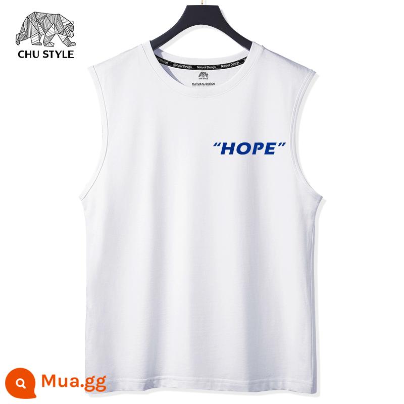 Vest nam áo ghi lê thể thao nam vai rộng cắt tay mùa hè cotton nguyên chất mỏng phần béo size lớn áo thun không tay thủy triều - Trắng (huy hiệu rương trung thành)