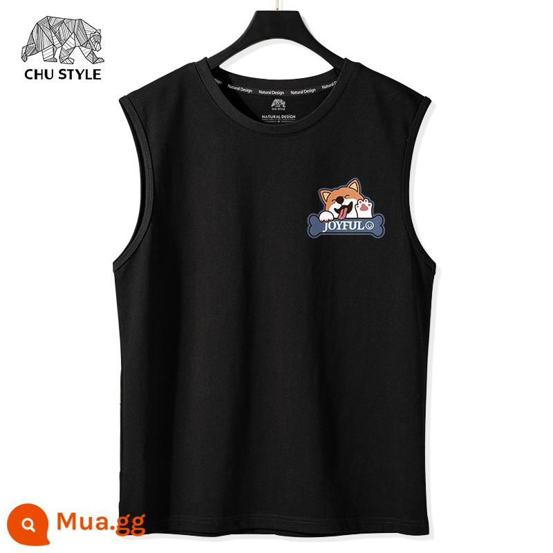 Vest nam áo ghi lê thể thao nam vai rộng cắt tay mùa hè cotton nguyên chất mỏng phần béo size lớn áo thun không tay thủy triều - Màu đen (Logo ngực Happy Corgi)