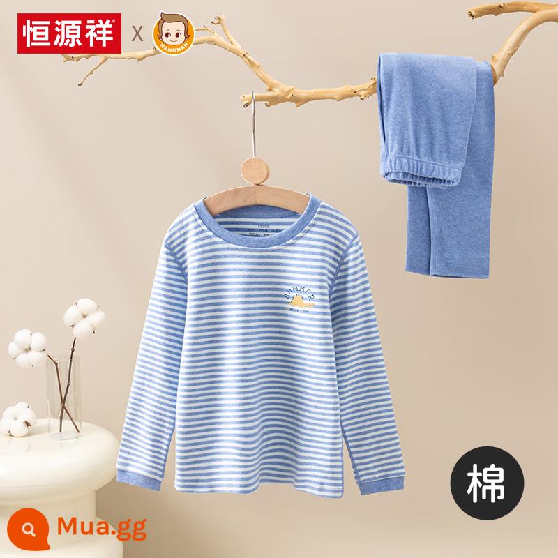 Hengyuanxiang quần áo mùa thu của cậu bé quần vệ sinh phù hợp với đồ lót cotton nguyên chất trẻ em nam bộ đồ ngủ cotton áo len cotton phần mỏng dành cho trẻ em trung và lớn - Dải màu xanh và trắng 95% cotton nhung