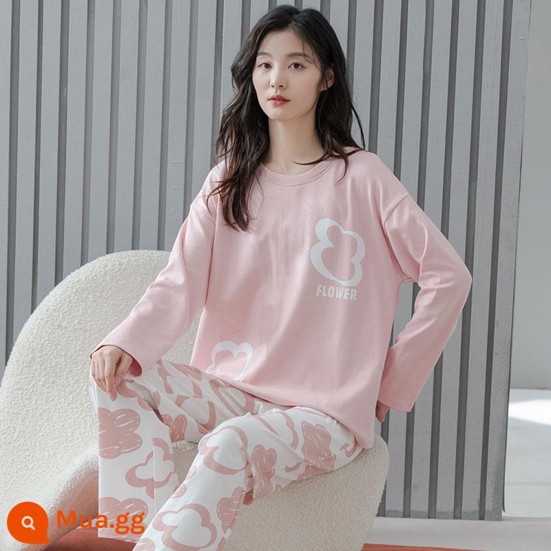 Bộ đồ ngủ cotton giả phương thức mùa xuân và mùa thu của phụ nữ mỏng phần lưới dài tay màu đỏ béo em gái cỡ lớn trang phục hai mảnh giản dị ở nhà - 784-6#Mây hồng