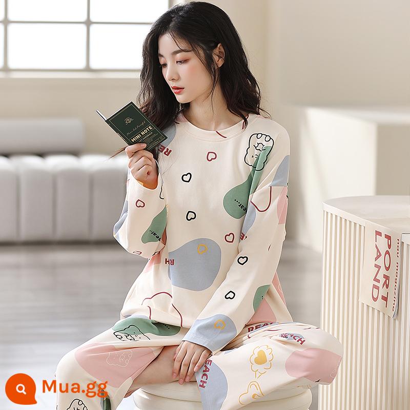 Bộ đồ ngủ cotton giả phương thức mùa xuân và mùa thu của phụ nữ mỏng phần lưới dài tay màu đỏ béo em gái cỡ lớn trang phục hai mảnh giản dị ở nhà - 784-4#Gấu màu