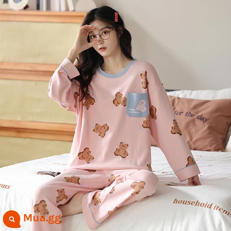 Bộ đồ ngủ bằng cotton nguyên chất cho nữ mùa xuân thu đông dài tay phong cách Hàn Quốc cho chị béo size lớn có thể mặc ngoài nhà cho học sinh Bộ đồ thể thao thông thường - 1968