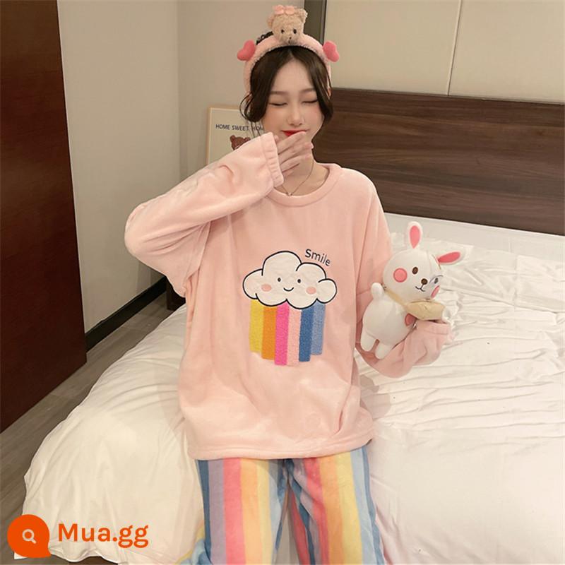 Bộ đồ ngủ flannel mùa thu đông nữ phiên bản Hàn Quốc hoạt hình dễ thương chị béo size lớn quần áo mặc nhà san hô lông cừu sưởi ấm đồ lót - 80013 #hồng