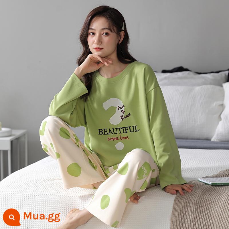 Bộ đồ ngủ bằng cotton nguyên chất cho nữ mùa xuân thu đông dài tay phong cách Hàn Quốc cho chị béo size lớn có thể mặc ngoài nhà cho học sinh Bộ đồ thể thao thông thường - 1959